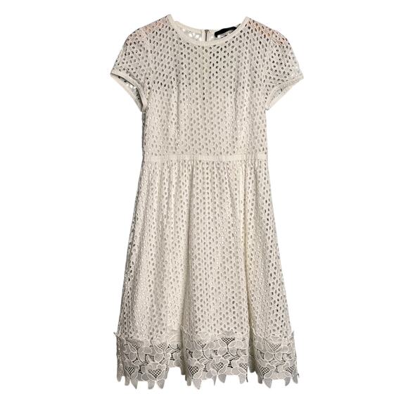 Hallhuber Size 6 White Eyelet Lace Cocktail Party Dress Fit Flare Short Sleeve - Picture 1 of 11